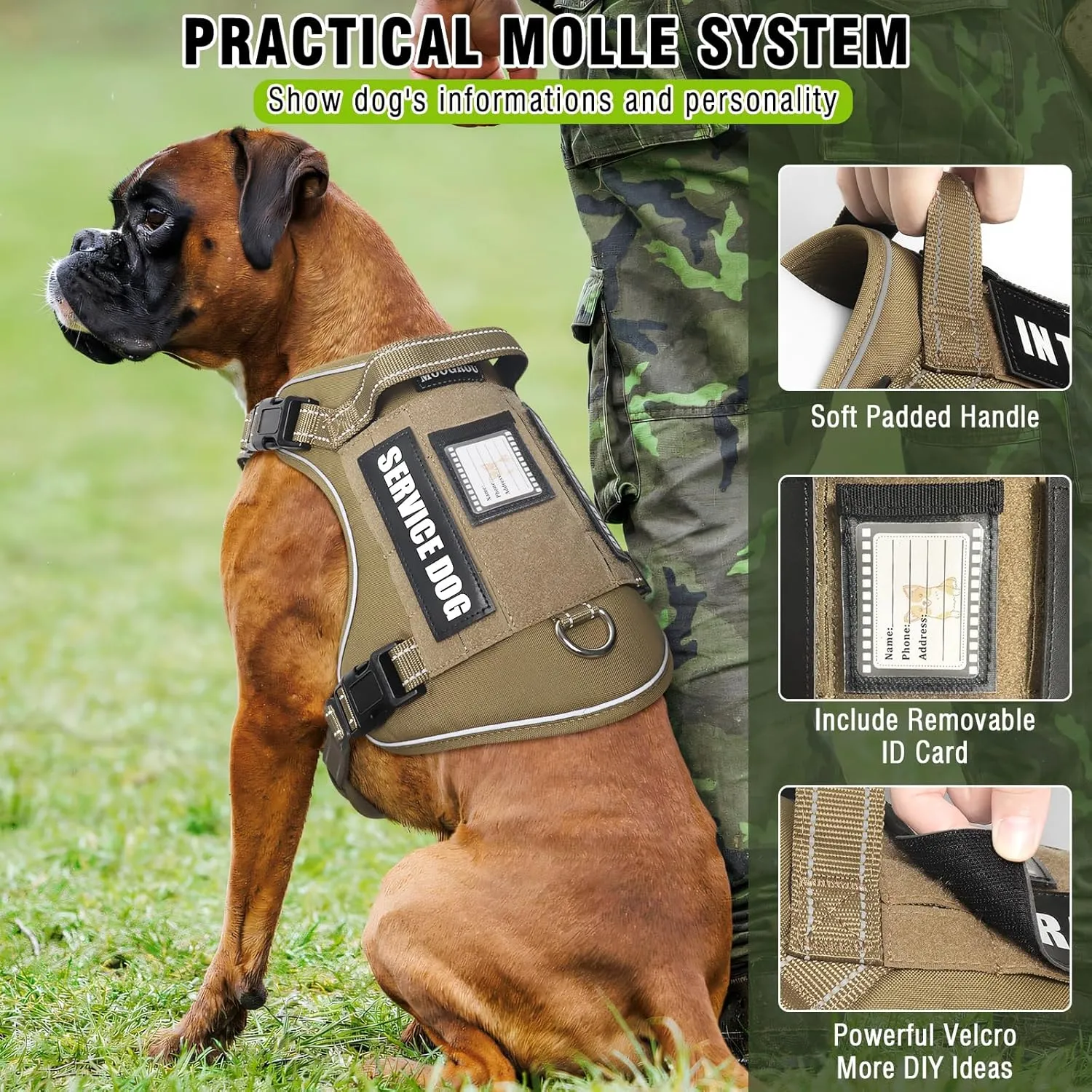 Tactical Dog Harness and Leash Set for Large Dogs,Heavy Duty No Pull Service Dog Vest and 10 Patches with Dog Seat Belt,Reflective Adjustable Pet Harness for Training Walking Hiking Brown L