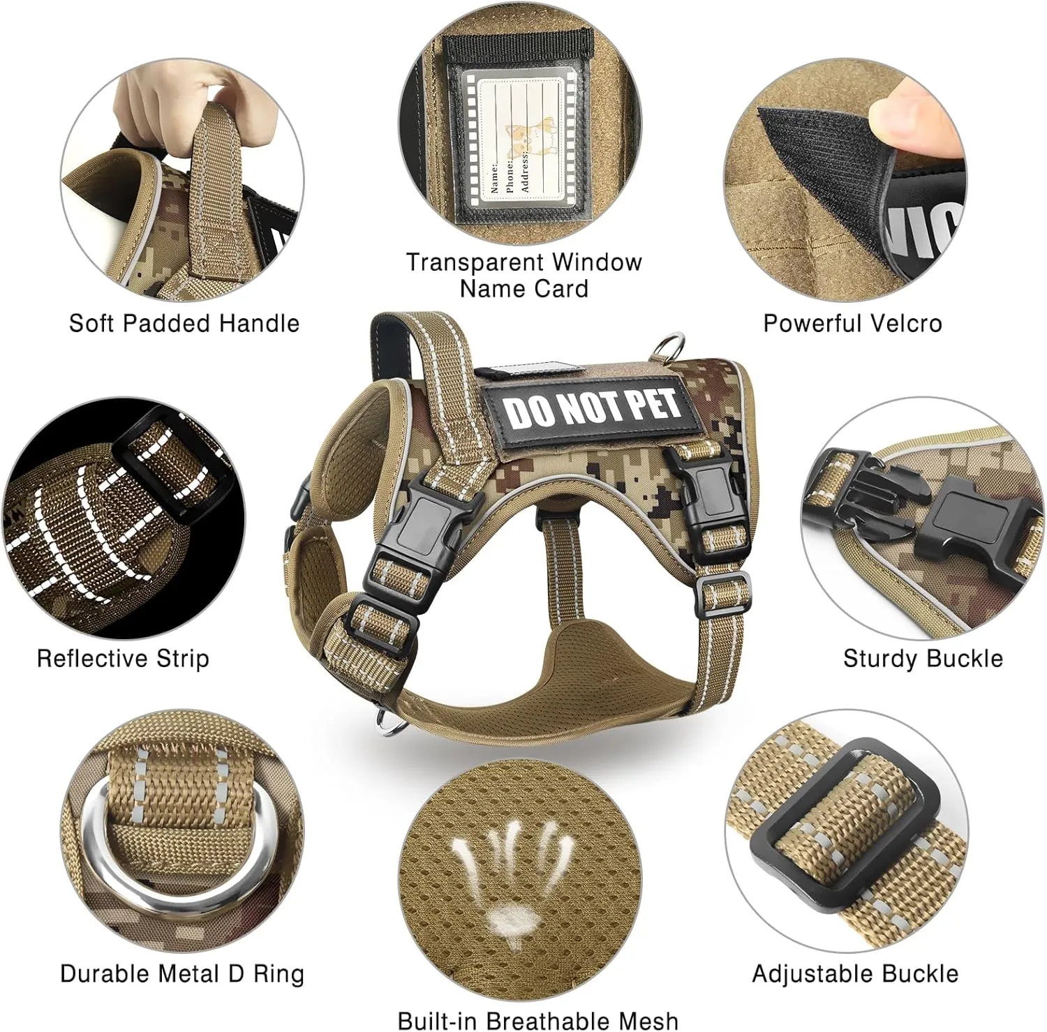 Tactical Dog Harness and Leash Set for Large Dogs,Heavy Duty No Pull Service Dog Vest and 10 Patches with Dog Seat Belt,Reflective Adjustable Pet Harness for Training Walking Hiking Camo XL