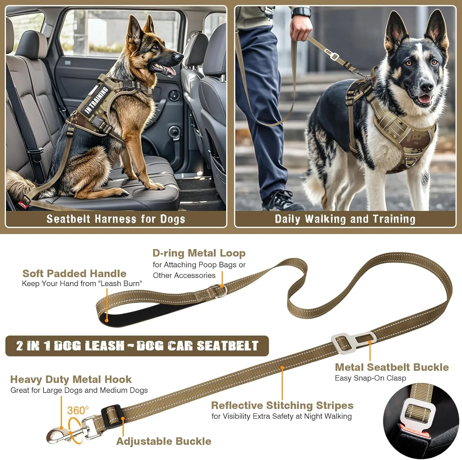 Tactical Dog Harness and Leash Set for Large Dogs,Heavy Duty No Pull Service Dog Vest and 10 Patches with Dog Seat Belt,Reflective Adjustable Pet Harness for Training Walking Hiking Camo XL