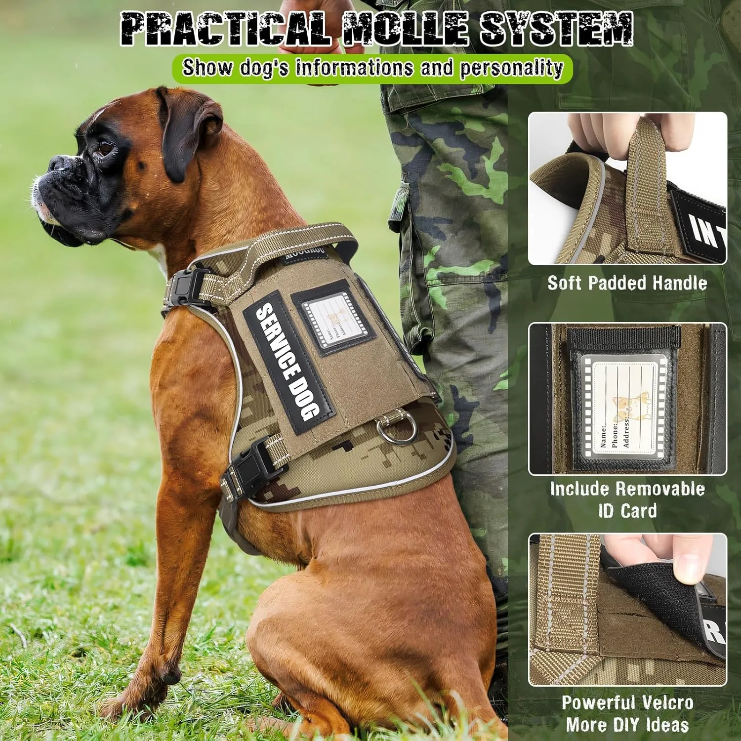 Tactical Dog Harness and Leash Set for Large Dogs,Heavy Duty No Pull Service Dog Vest and 10 Patches with Dog Seat Belt,Reflective Adjustable Pet Harness for Training Walking Hiking Camo XL