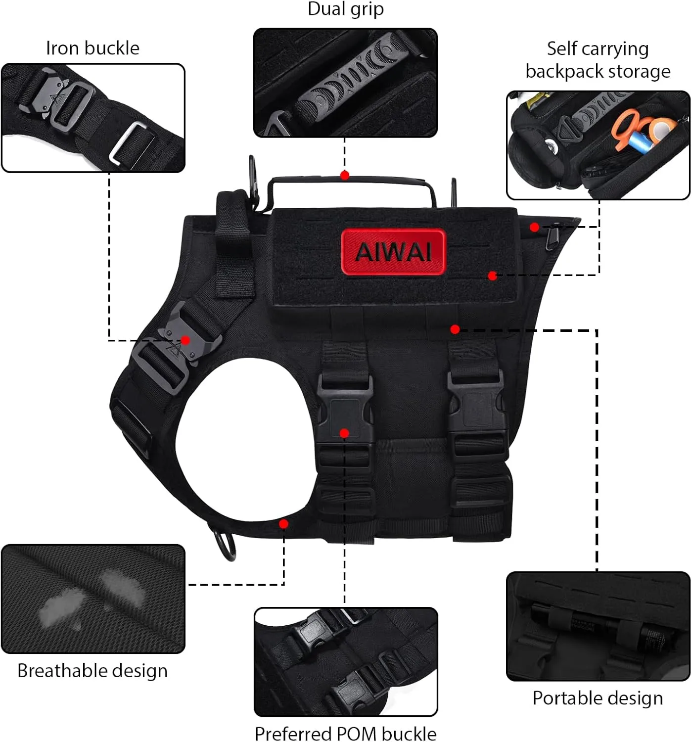 Tactical Dog Harness with Handle for Large Dogs,2X Metal Buckle, Dog MOLLE Vest with Pockets,No Pull Adjustable Pet Harness, Easy Control Dog Vest Harness for Working Training (Black, Medium)