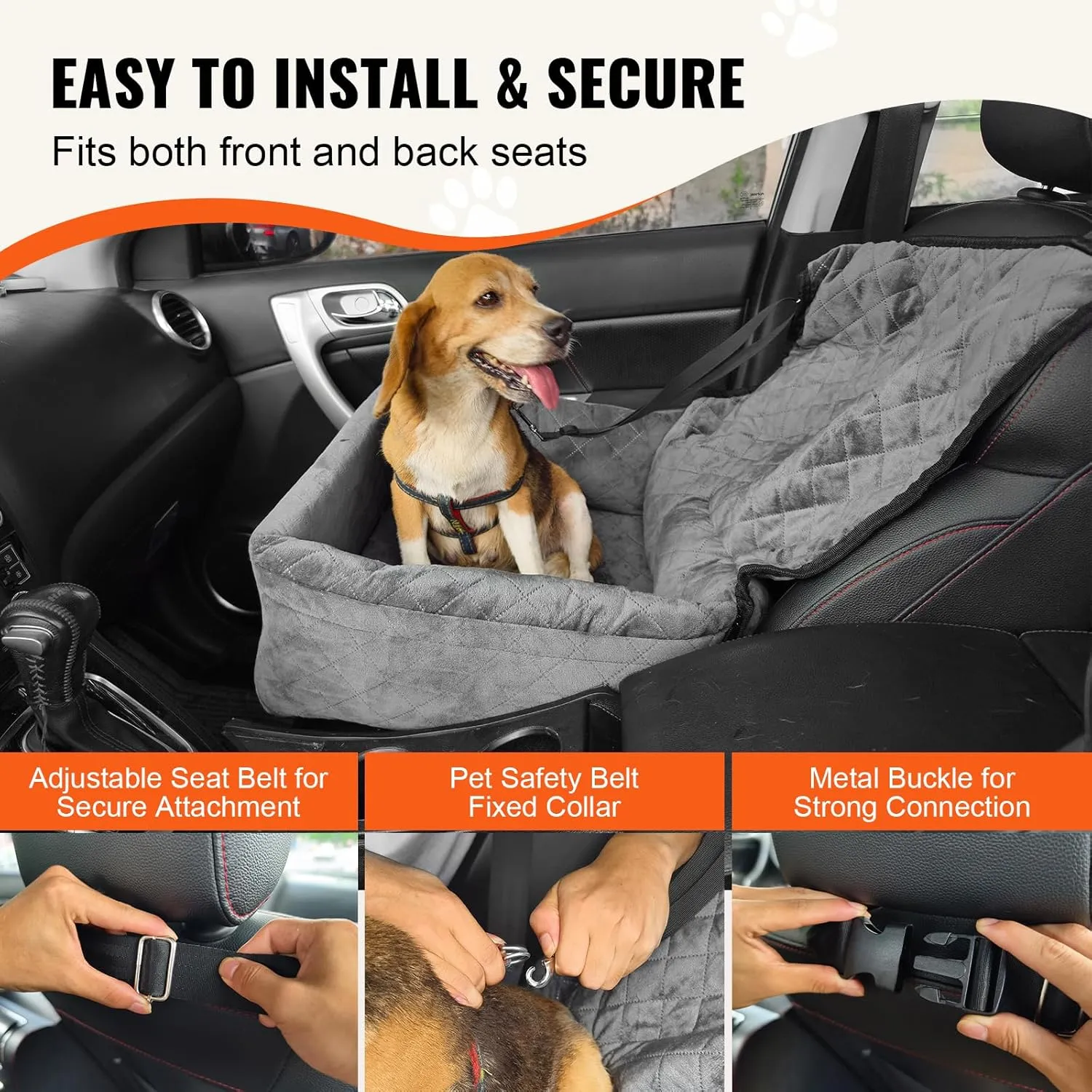 VEVOR Dog Car Seat, Dog Booster Seat for Car with a Storage Pocket, Clip-On Safety Leash, Sponge and PP Cotton Filling, Vehicle Bed for Small & Medium Dogs up to 40lbs,Gray
