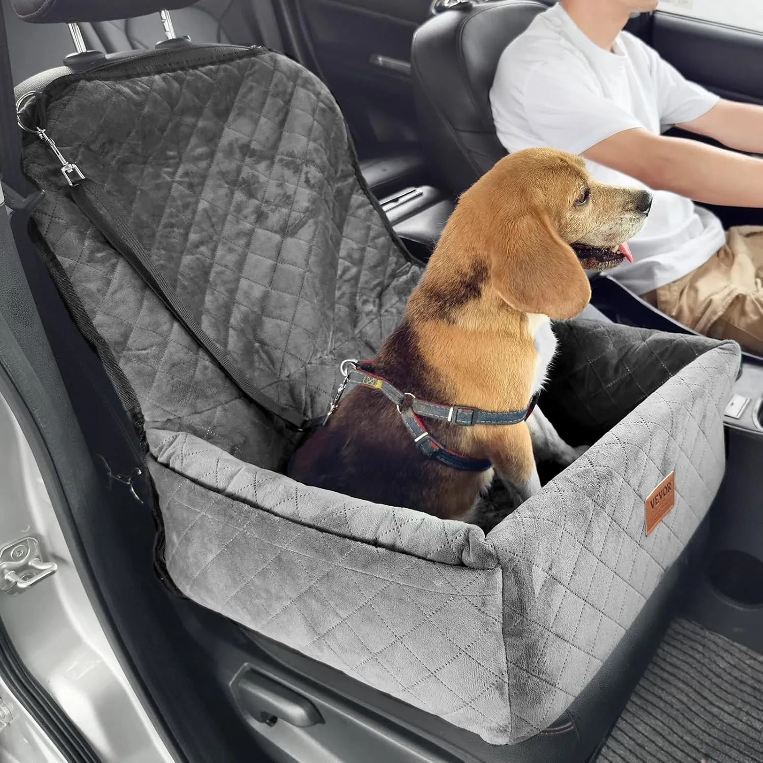 VEVOR Dog Car Seat, Dog Booster Seat for Car with a Storage Pocket, Clip-On Safety Leash, Sponge and PP Cotton Filling, Vehicle Bed for Small & Medium Dogs up to 40lbs,Gray