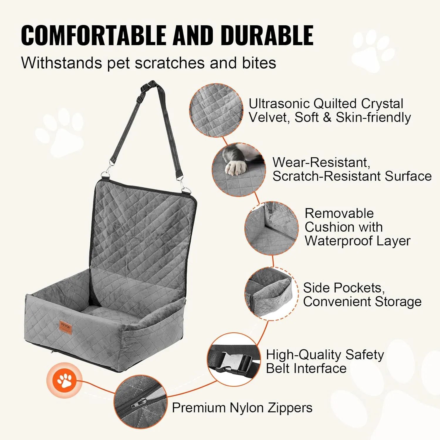 VEVOR Dog Car Seat, Dog Booster Seat for Car with a Storage Pocket, Clip-On Safety Leash, Sponge and PP Cotton Filling, Vehicle Bed for Small & Medium Dogs up to 40lbs,Gray
