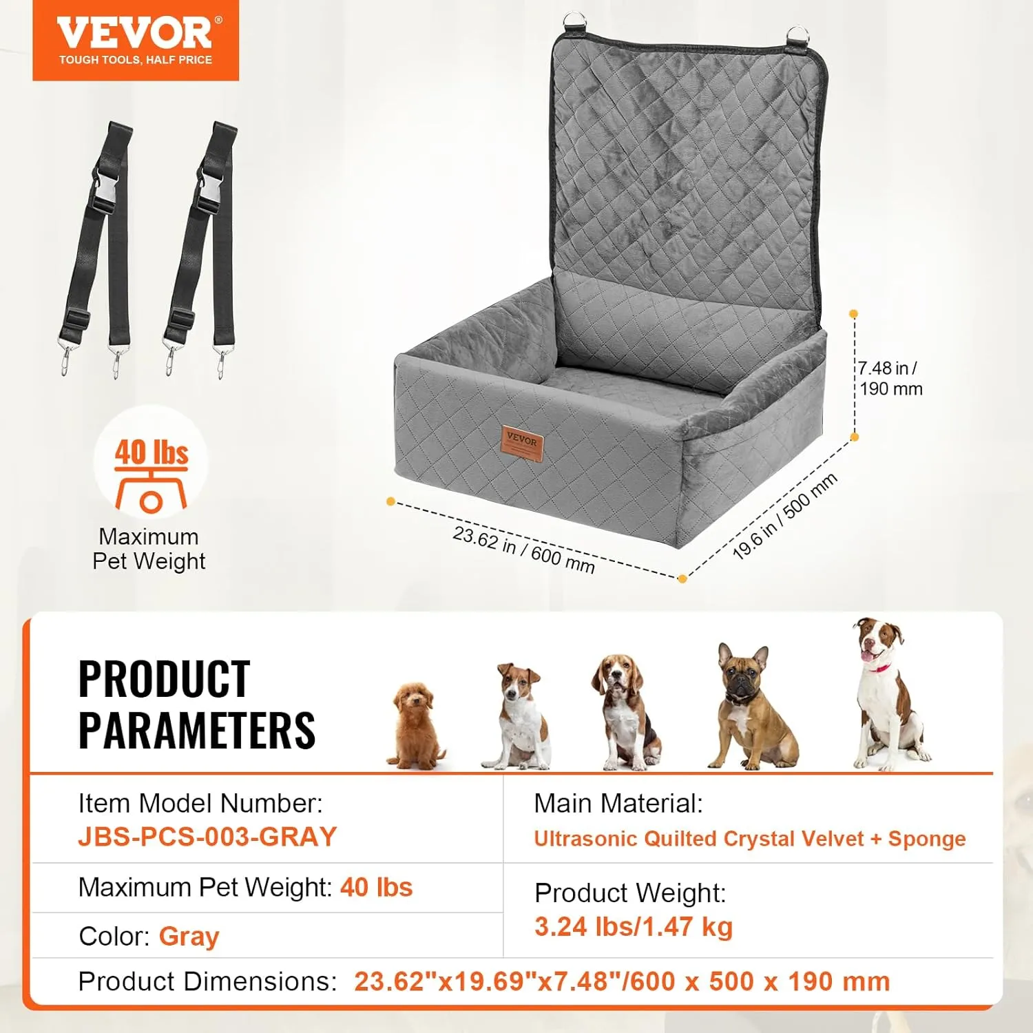 VEVOR Dog Car Seat, Dog Booster Seat for Car with a Storage Pocket, Clip-On Safety Leash, Sponge and PP Cotton Filling, Vehicle Bed for Small & Medium Dogs up to 40lbs,Gray