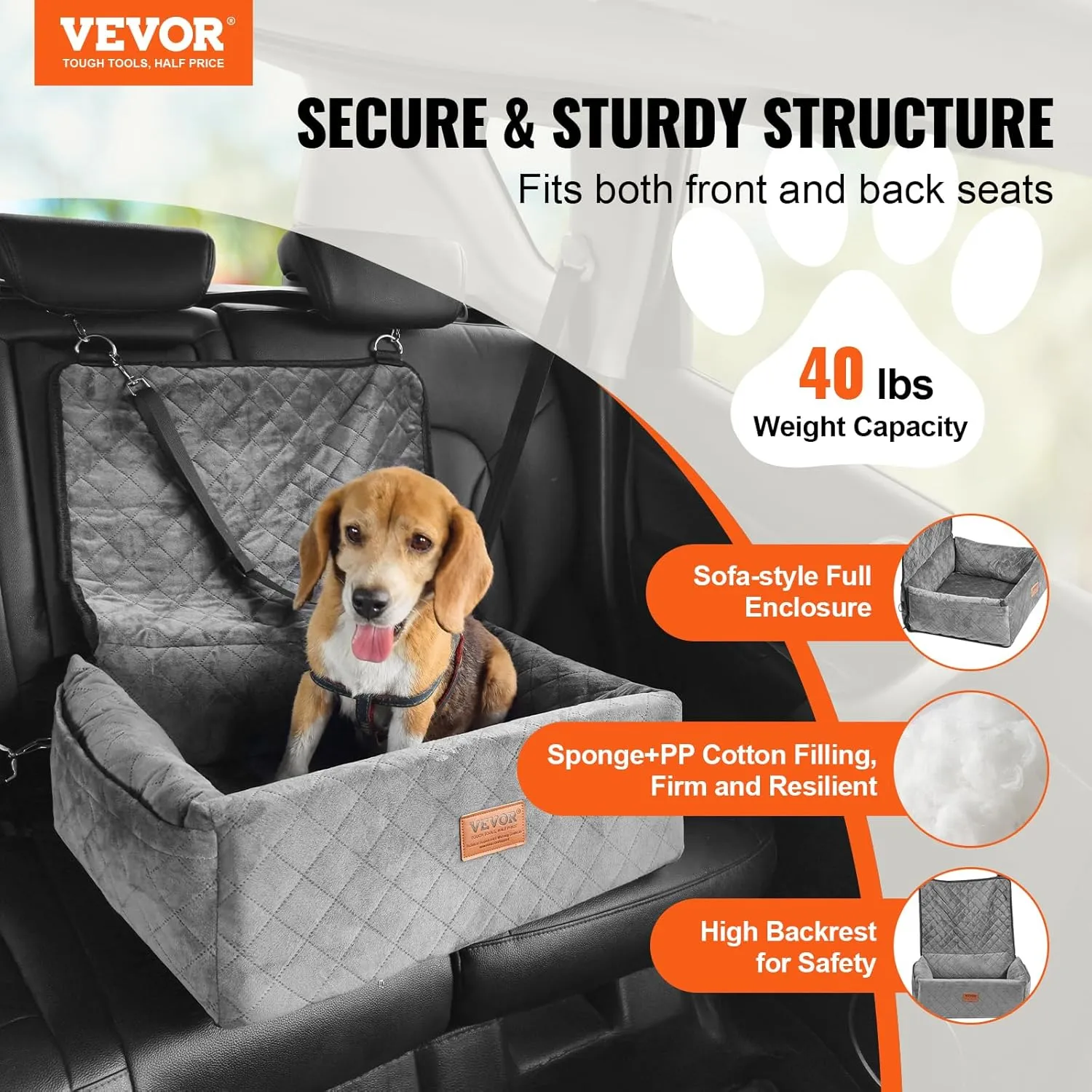 VEVOR Dog Car Seat, Dog Booster Seat for Car with a Storage Pocket, Clip-On Safety Leash, Sponge and PP Cotton Filling, Vehicle Bed for Small & Medium Dogs up to 40lbs,Gray