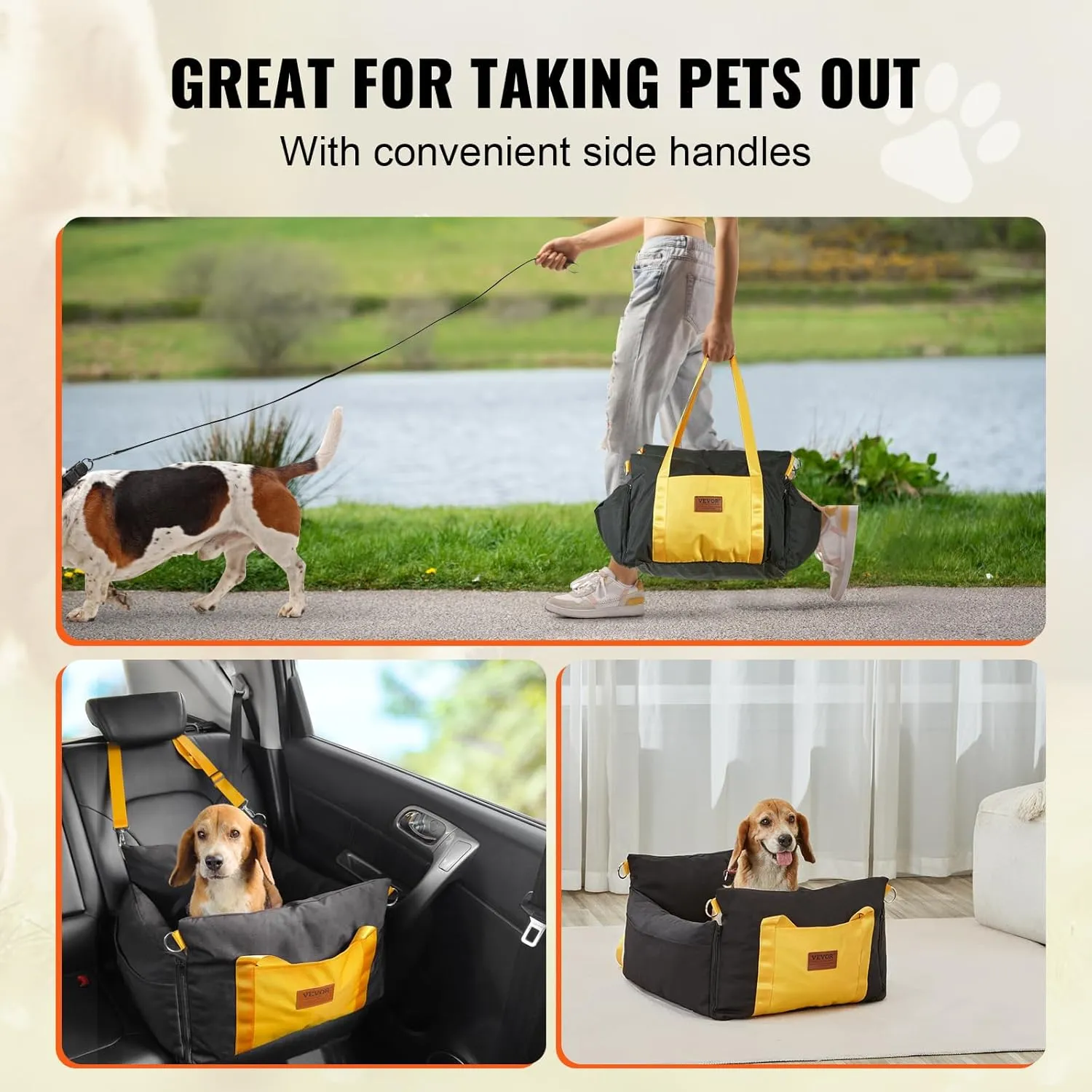VEVOR Dog Car Seat, Waterproof Dog Booster Seat for Car with Side Handles and a Storage Pocket, Clip-On Safety Leash and PP Cotton Filling, Vehicle Bed for Small Dogs up to 25lbs, Black