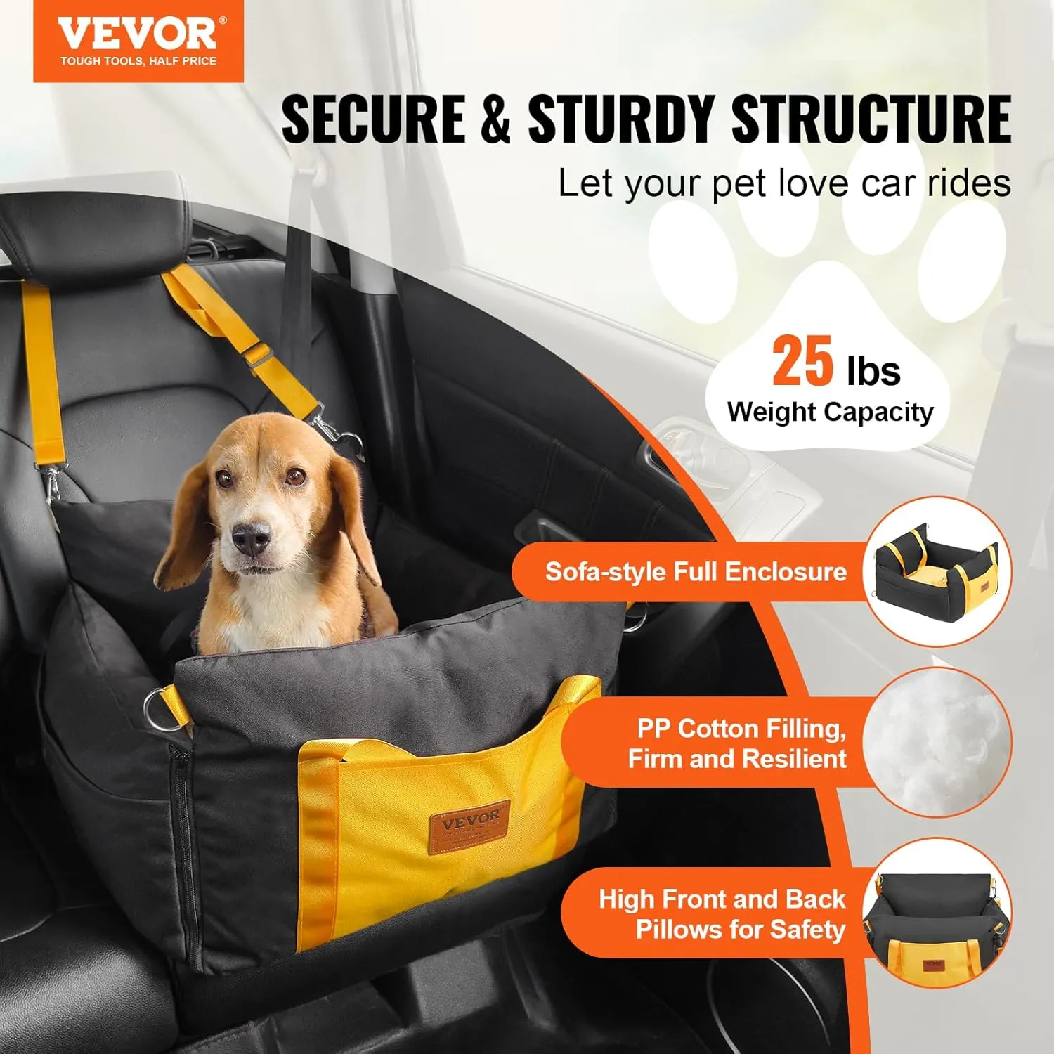 VEVOR Dog Car Seat, Waterproof Dog Booster Seat for Car with Side Handles and a Storage Pocket, Clip-On Safety Leash and PP Cotton Filling, Vehicle Bed for Small Dogs up to 25lbs, Black