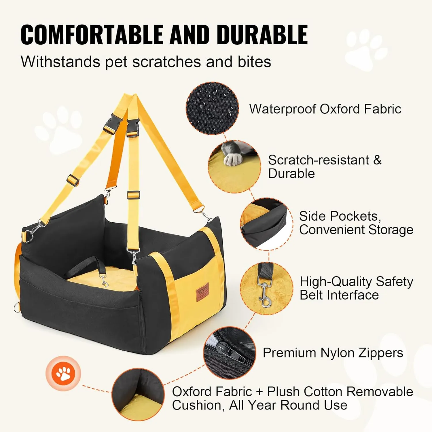 VEVOR Dog Car Seat, Waterproof Dog Booster Seat for Car with Side Handles and a Storage Pocket, Clip-On Safety Leash and PP Cotton Filling, Vehicle Bed for Small Dogs up to 25lbs, Black