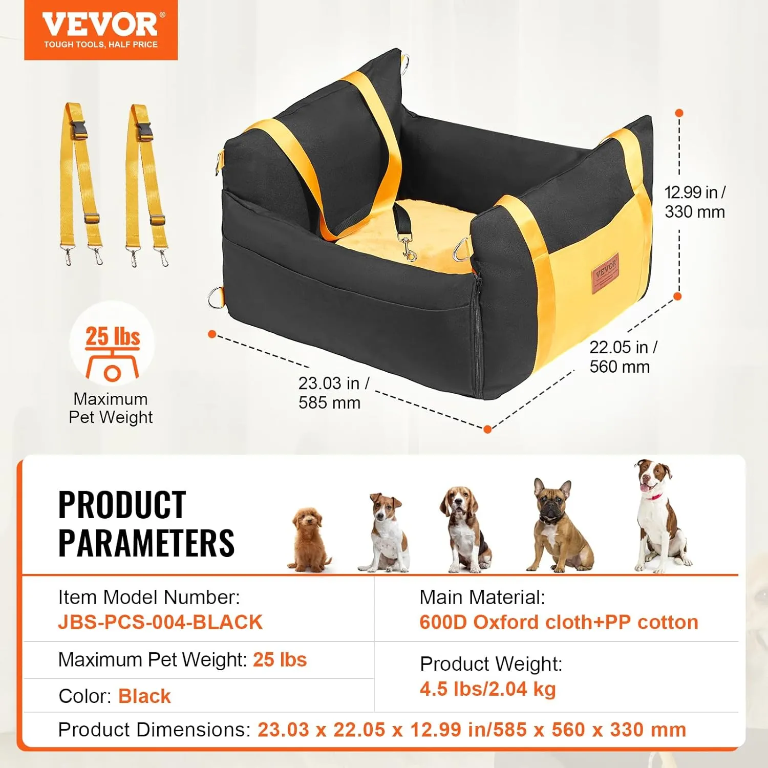 VEVOR Dog Car Seat, Waterproof Dog Booster Seat for Car with Side Handles and a Storage Pocket, Clip-On Safety Leash and PP Cotton Filling, Vehicle Bed for Small Dogs up to 25lbs, Black