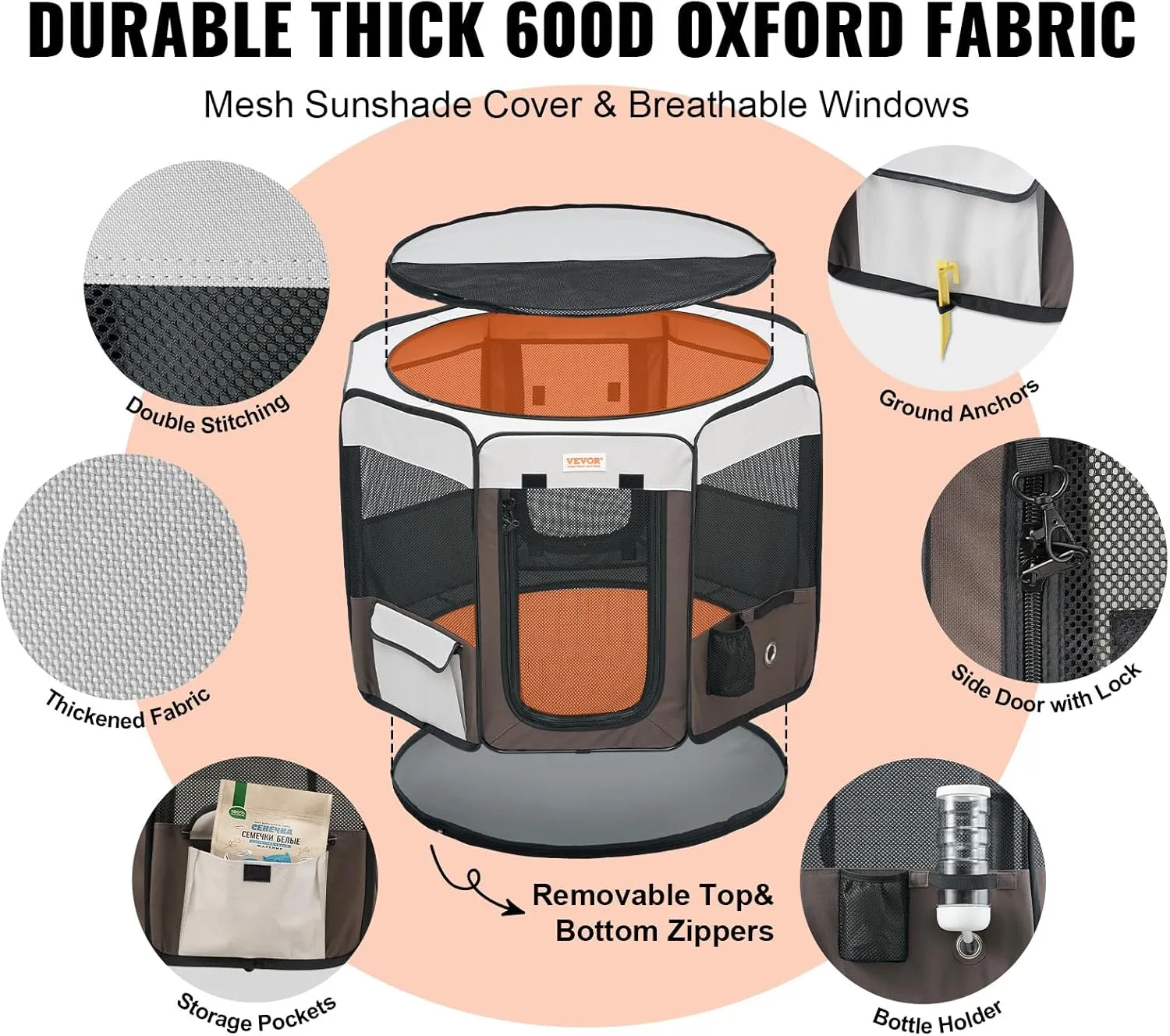 VEVOR Foldable Portable Pet Playpen, 36x36x23 in Dog Cat Pen   Free Carrying Case   Bowl, Indoor/Outdoor Dogs Crates Kennel for Puppies with Premium Waterproof 600D Oxford Cloth, Removable Zipper Top