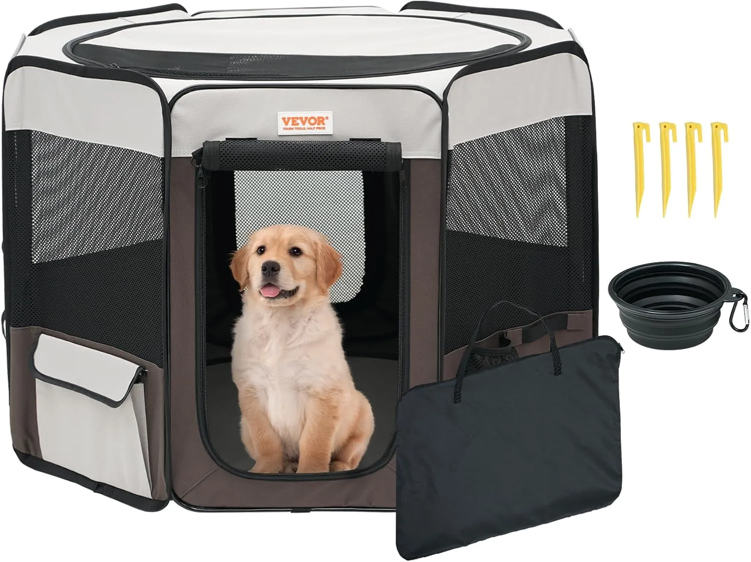VEVOR Foldable Portable Pet Playpen, 36x36x23 in Dog Cat Pen   Free Carrying Case   Bowl, Indoor/Outdoor Dogs Crates Kennel for Puppies with Premium Waterproof 600D Oxford Cloth, Removable Zipper Top