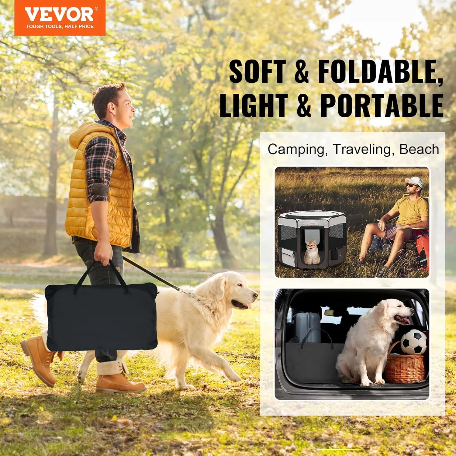 VEVOR Foldable Portable Pet Playpen, 36x36x23 in Dog Cat Pen   Free Carrying Case   Bowl, Indoor/Outdoor Dogs Crates Kennel for Puppies with Premium Waterproof 600D Oxford Cloth, Removable Zipper Top