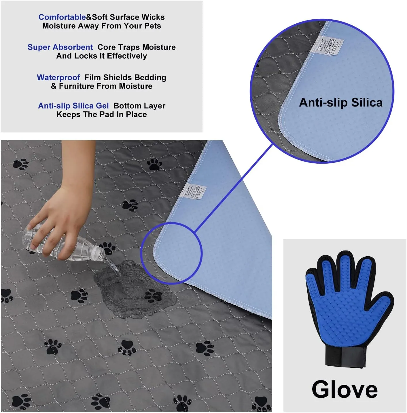 Washable Pee Pads for Dogs   Free Puppy Grooming Gloves/Quilted, Fast Absorbing Machine Washable Dog Whelping Pad/Waterproof Puppy Training Pad/Housebreaking Absorption Pads