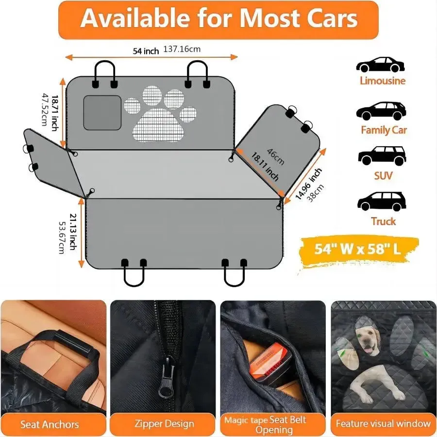 Waterproof Dog Car Seat Cover with Mesh Window & Side Zippers