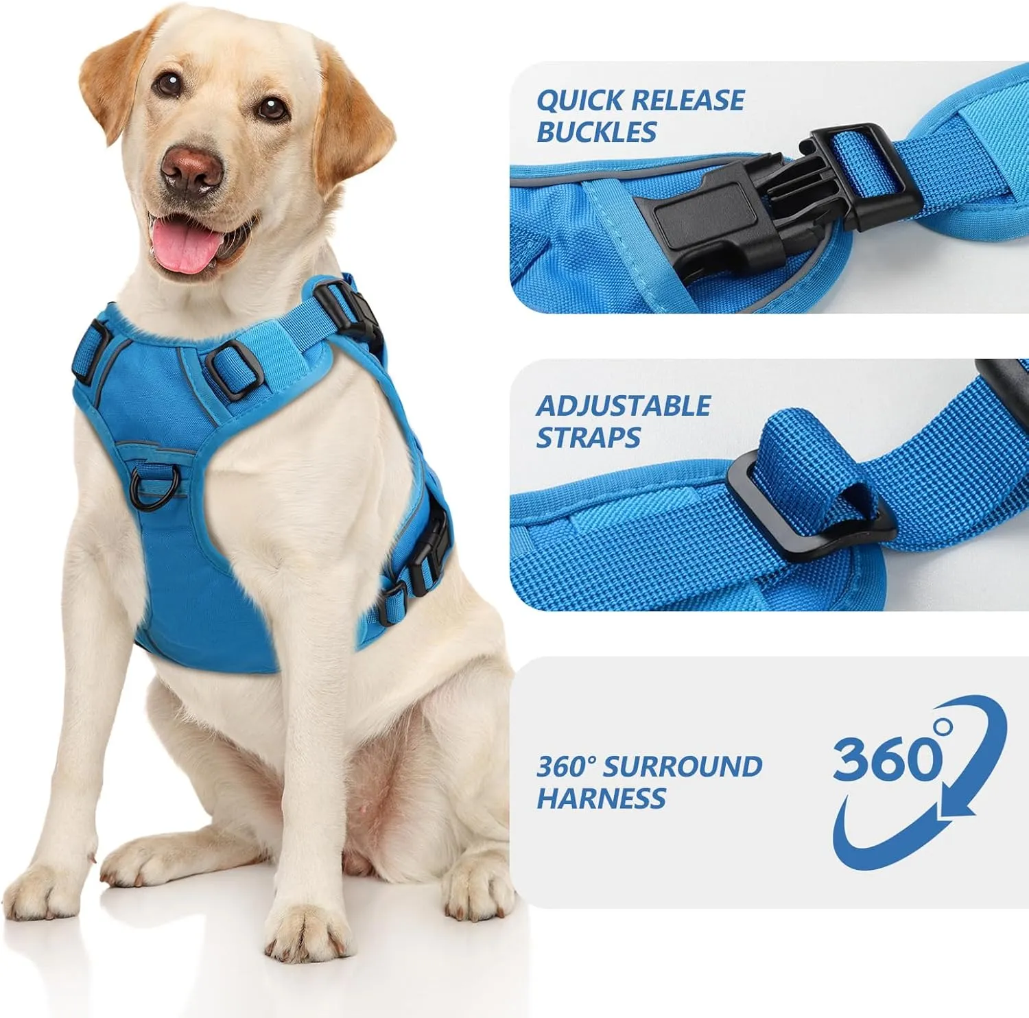 WINGOIN Blue Tactical Dog Harness for Large Dogs No Pull Adjustable Pet Harness with Handle Reflective K9 Military Service Dog Vest for Walking Hiking Training (XL)