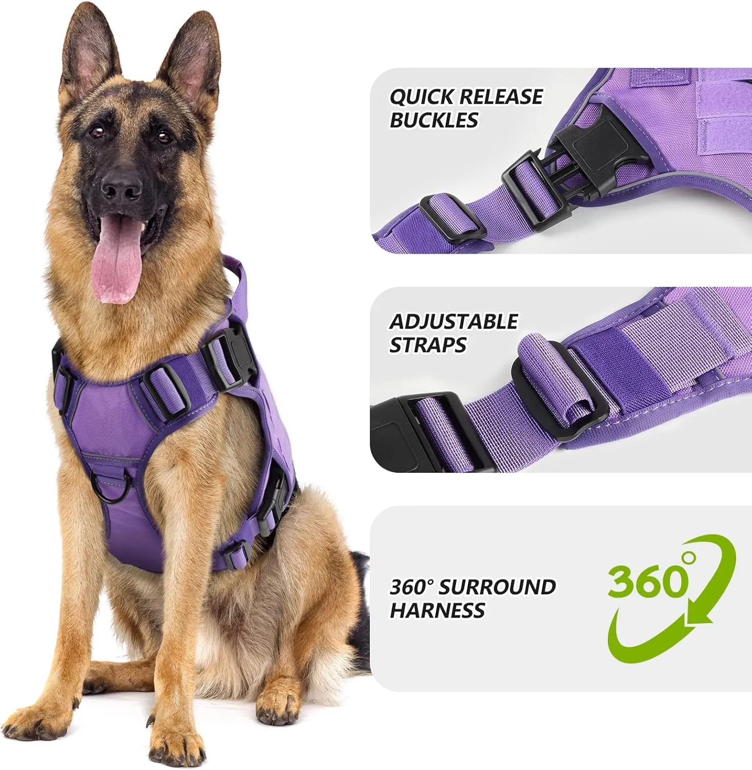 WINGOIN Purple Tactical Dog Harness Vest with Handle Tactical Dog Harness for Large Dogs No Pull Adjustable Pet Harness Reflective K9 Military Service Dogs Harnesses for Walking Hiking Training (L)