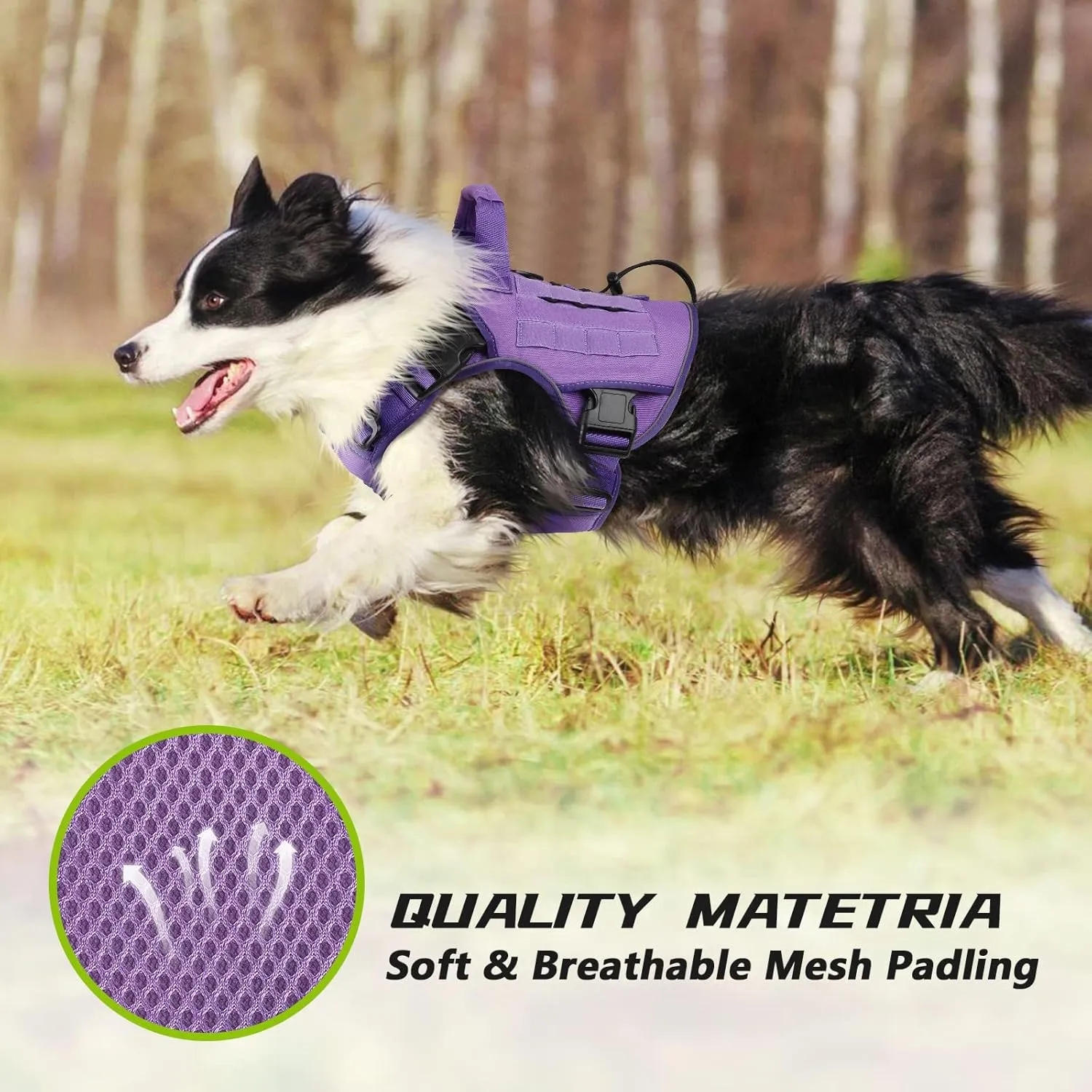 WINGOIN Purple Tactical Dog Harness Vest with Handle Tactical Dog Harness for Large Dogs No Pull Adjustable Pet Harness Reflective K9 Military Service Dogs Harnesses for Walking Hiking Training (L)