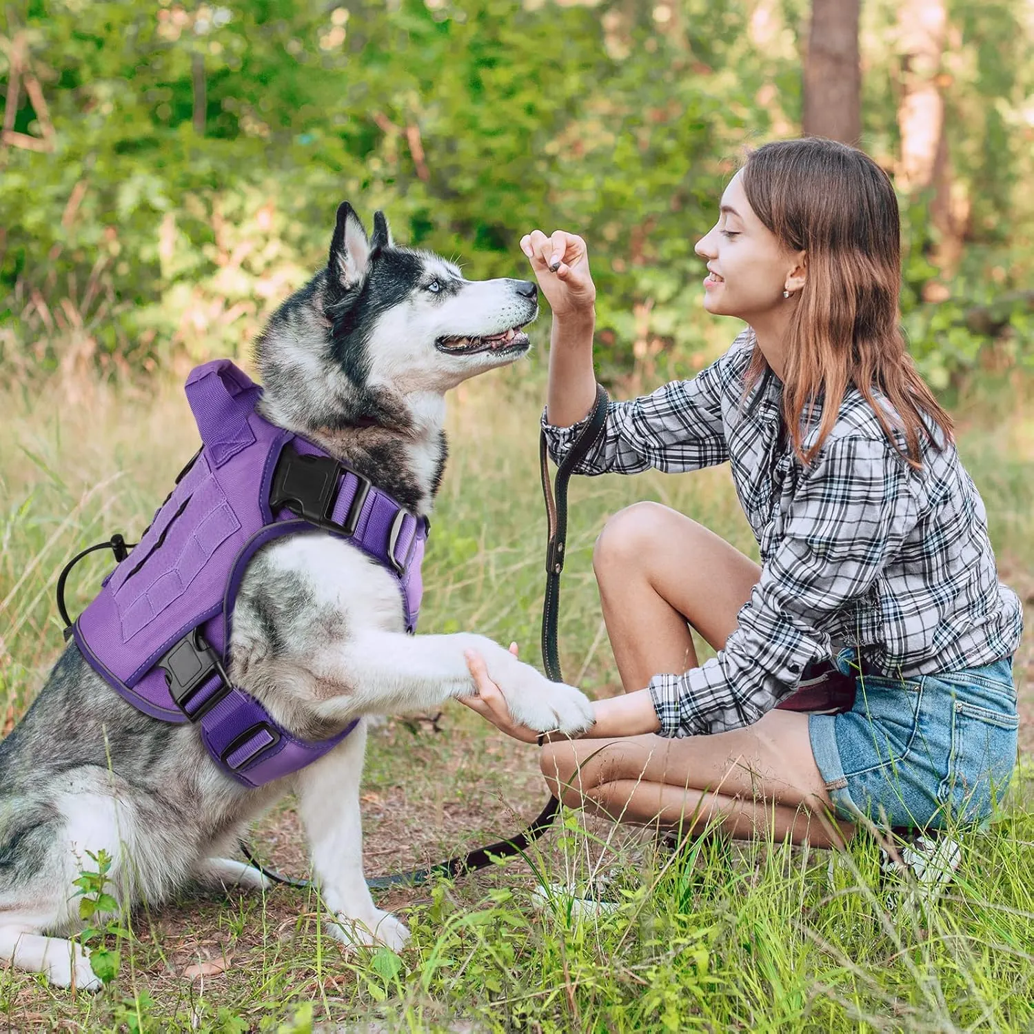 WINGOIN Purple Tactical Dog Harness Vest with Handle Tactical Dog Harness for Large Dogs No Pull Adjustable Pet Harness Reflective K9 Military Service Dogs Harnesses for Walking Hiking Training (L)